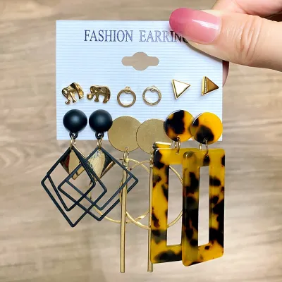 6 Pairs Trendy Leopard Triangle Tassel Earrings